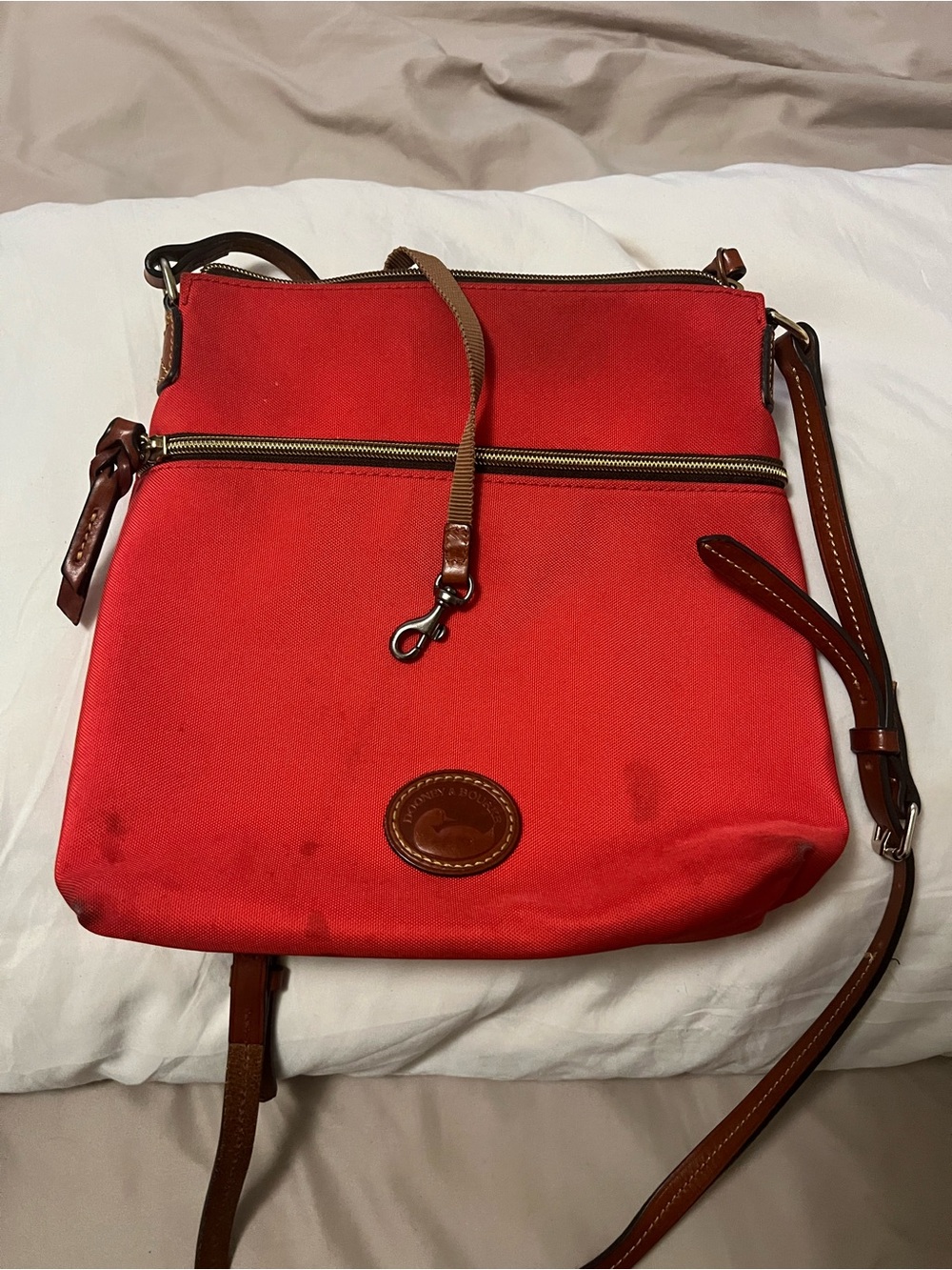 Dooney & Bourke Red Canvas Crossbody with Brown Leather Trim